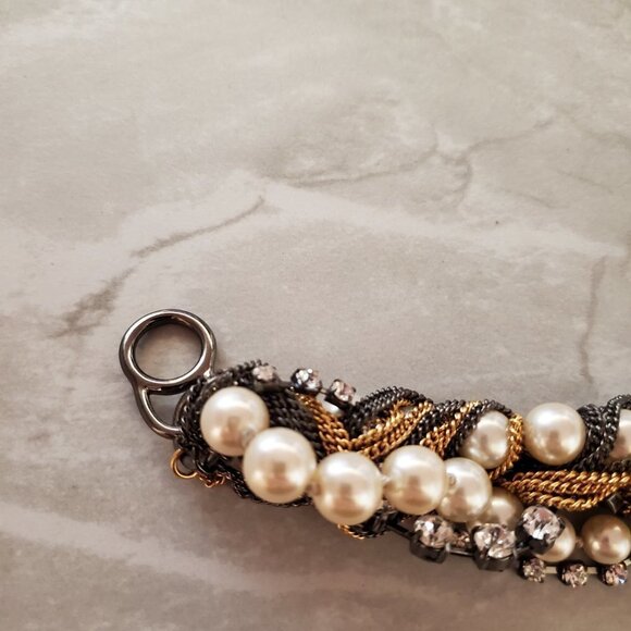 ✨ Vintage J.Crew Pearl Chain Twisted Rhinestones Crystals Statement Bracelet ✨ - Picture 2 of 12